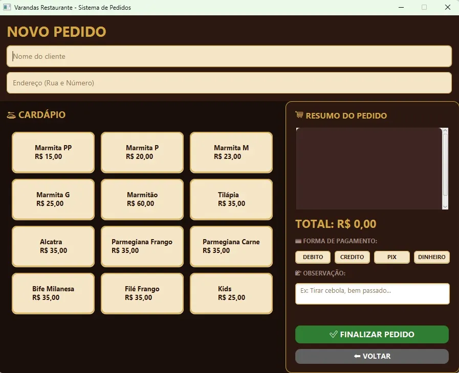 Tela de novo pedido do Sistema Varandas